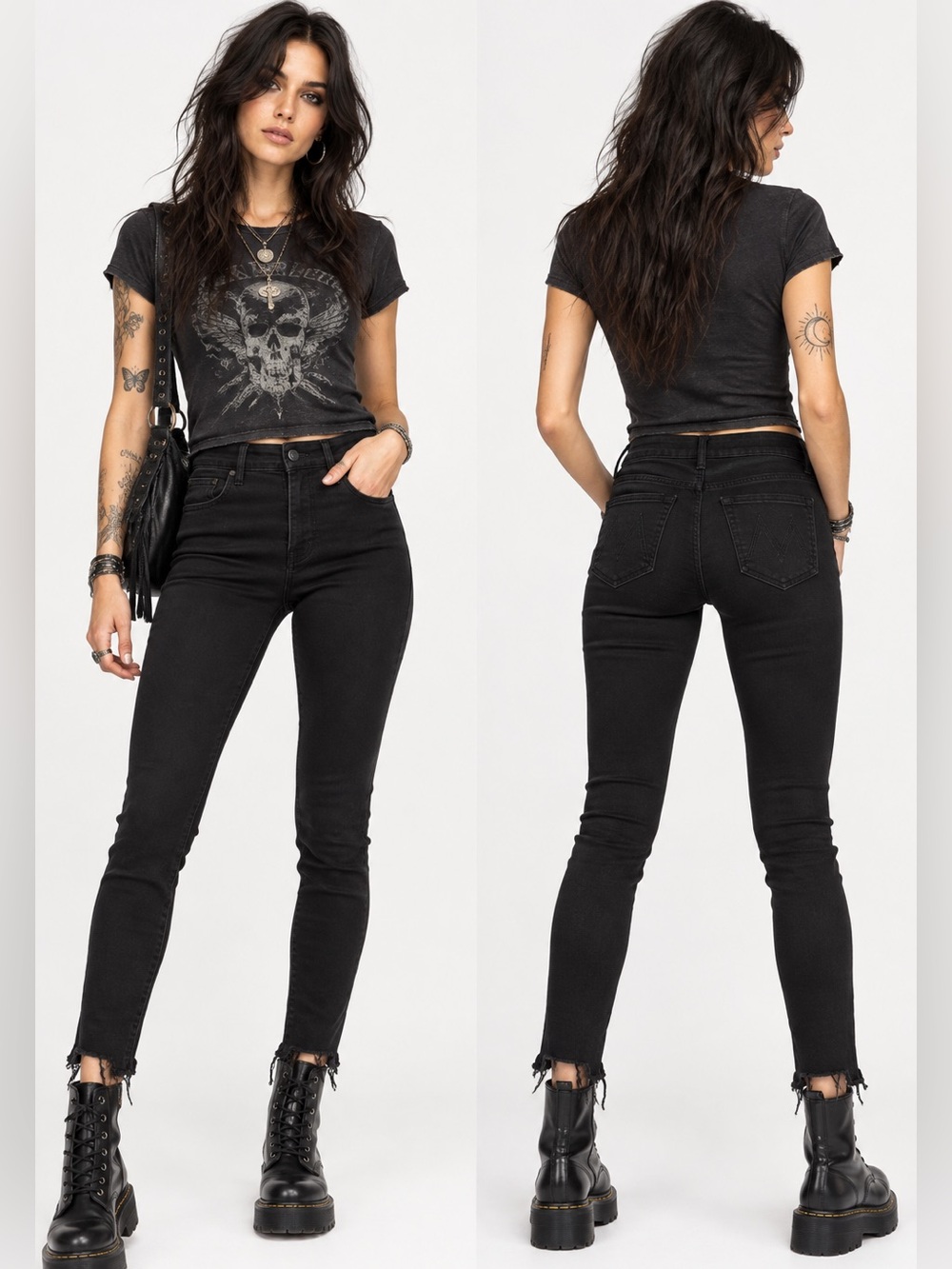 MOTHER Black High Rise Skinny Rock Goth Punk Frayed Hem Minimalist Grunge Sz 27
